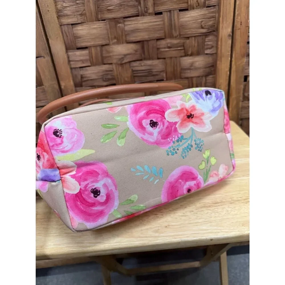 Tupperware Pink & Purple Floral Beige Tote with Brown Handles - Picture 4 of 5